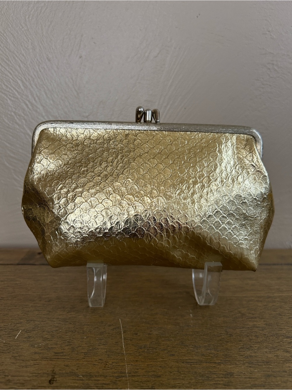 Vintage MCM Celebrity New York Gold Metallic  Clutch Bag. Pink Lined Made in USA